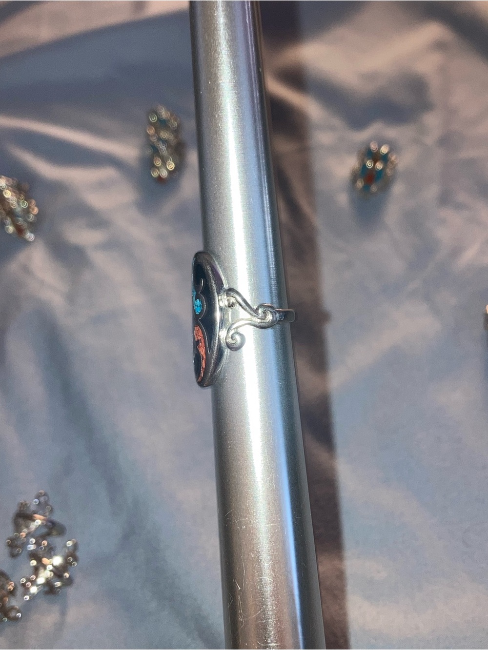 Sterling Silver Oval Enamel Ring with Blue and Coral Accents - Picture 3 of 4